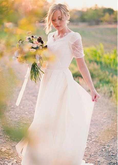 Cheap V-neck Lace Chiffon Boho Wedding Dress Short Sleeves Online