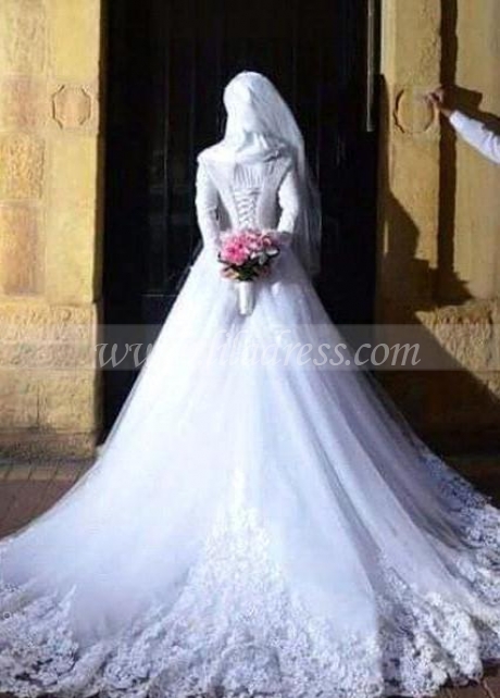 Cheap White Lace Muslim Wedding Dresses with Long Sleeves Online ...