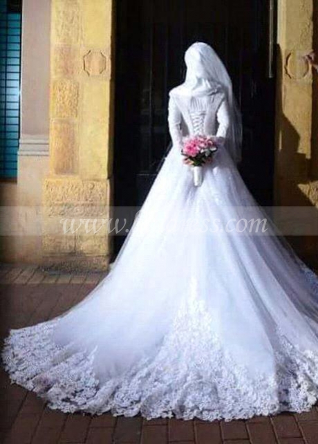 Cheap White Lace Muslim Wedding Dresses with Long Sleeves Online ...